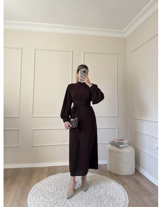 Balon Kol Krep Elbise-Acı Kahve