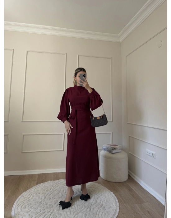 Balon Kol Krep Elbise-Bordo