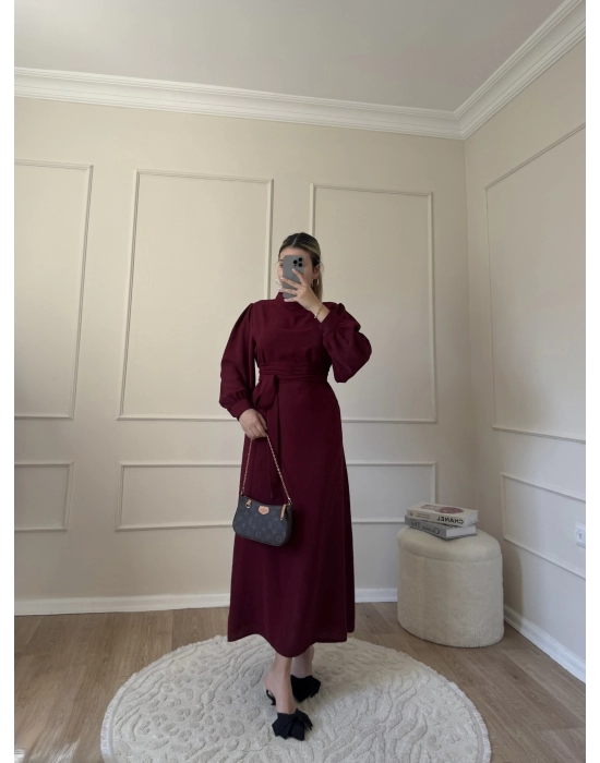 Balon Kol Krep Elbise-Bordo