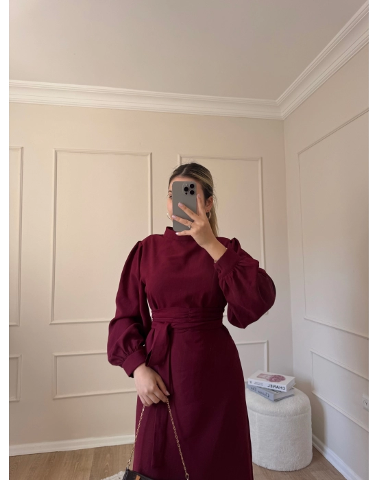 Balon Kol Krep Elbise-Bordo