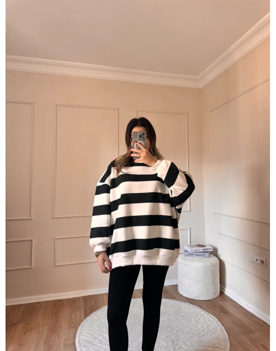 Basic Çizgili Şardonlu Sweatshirt-Siyah