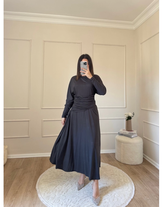 Bel Büzgülü Sandy Elbise-Gri