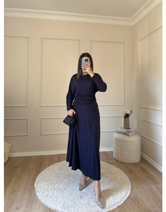 Bel Büzgülü Sandy Elbise-Lacivert