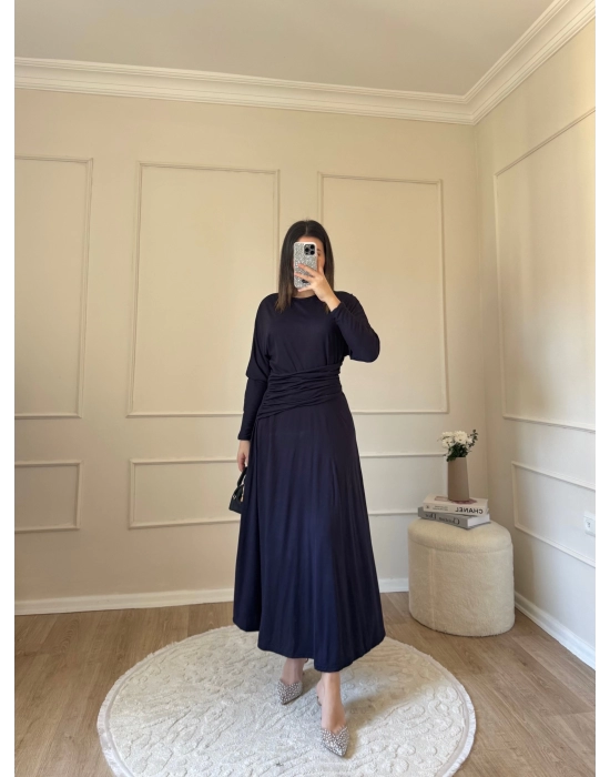 Bel Büzgülü Sandy Elbise-Lacivert