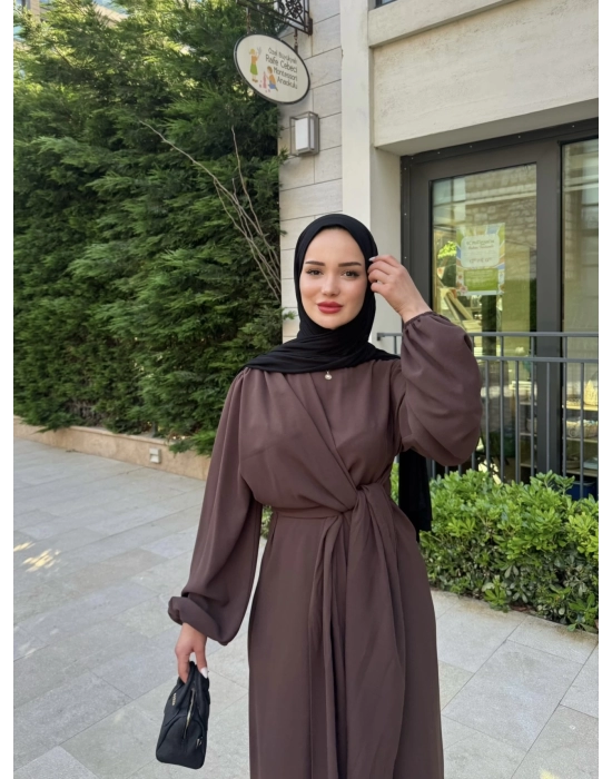 Eva Yan Bağlamalı Krep Elbise-Kahve