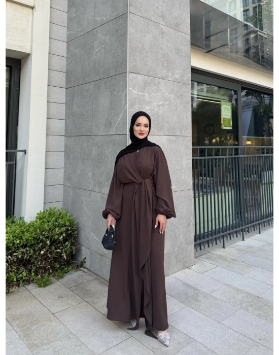 Eva Yan Bağlamalı Krep Elbise-Kahve