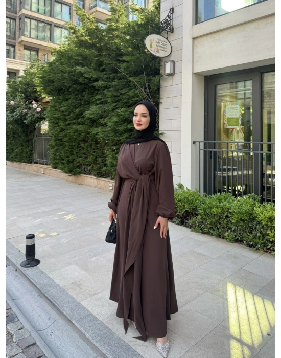 Eva Yan Bağlamalı Krep Elbise-Kahve