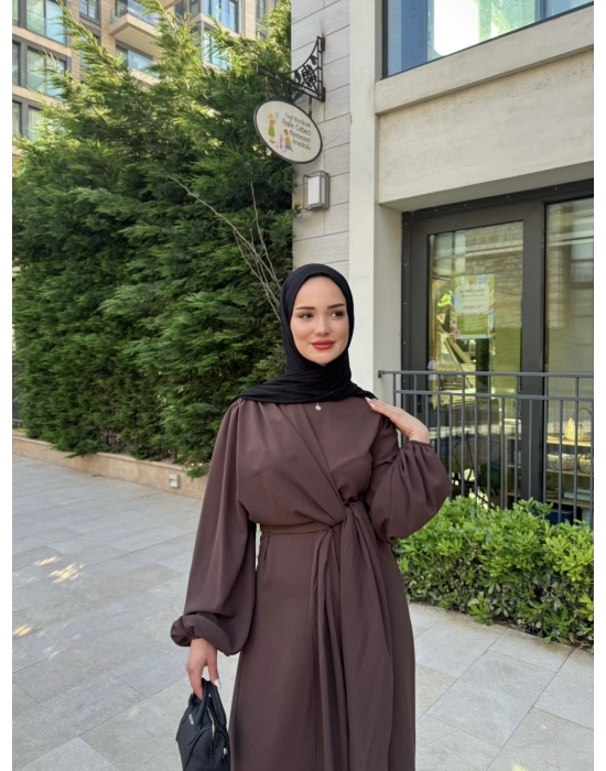 Eva Yan Bağlamalı Krep Elbise-Kahve