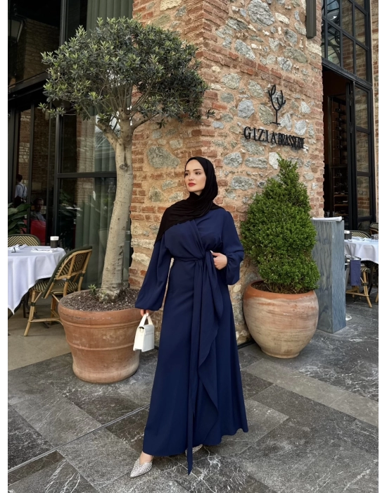 Eva Yan Bağlamalı Krep Elbise-Lacivert