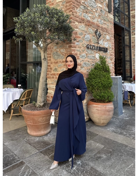 Eva Yan Bağlamalı Krep Elbise-Lacivert
