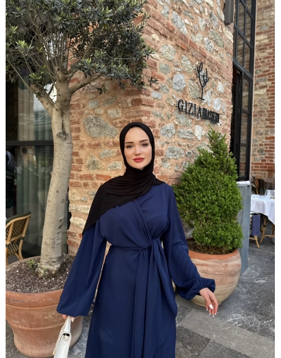 Eva Yan Bağlamalı Krep Elbise-Lacivert