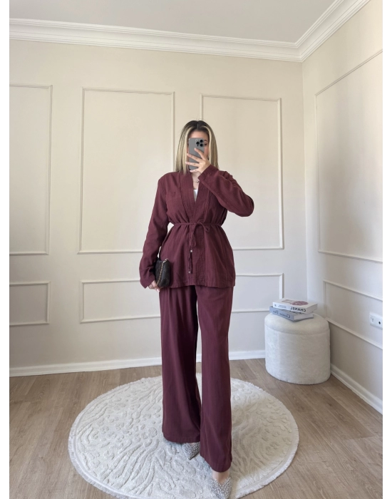 Meri Keten Takım-Bordo
