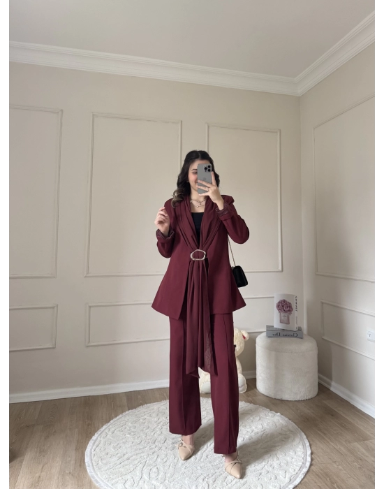 Önden Fularlı Takım-Bordo