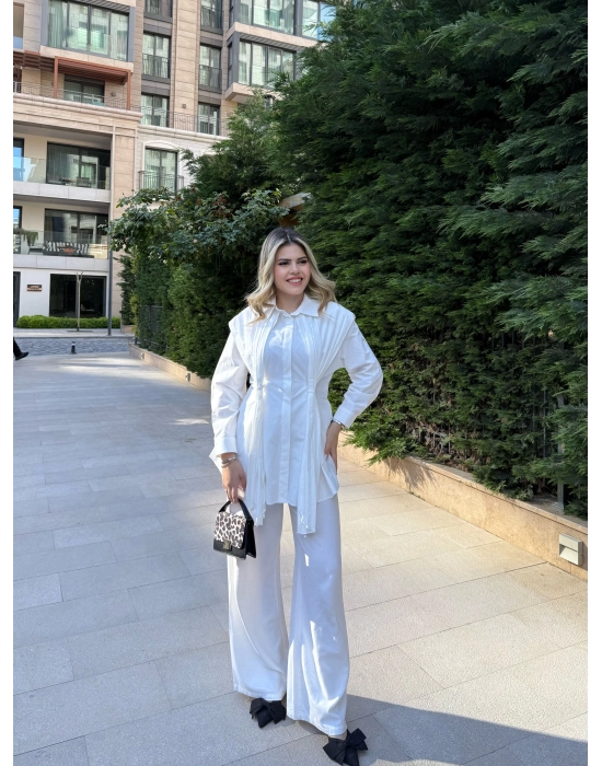 Piliseli Tasarım Gömlek-Beyaz