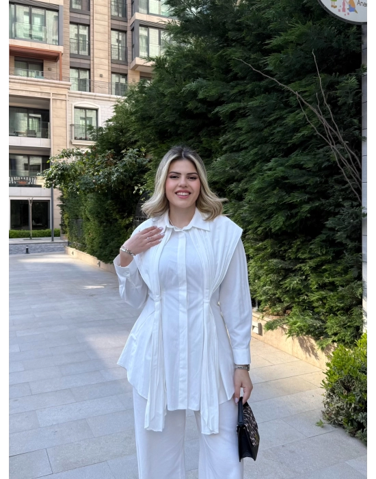 Piliseli Tasarım Gömlek-Beyaz