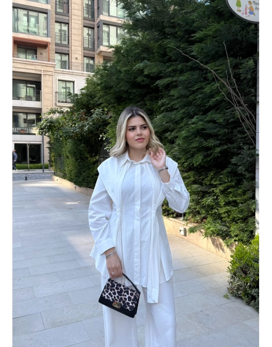Piliseli Tasarım Gömlek-Beyaz