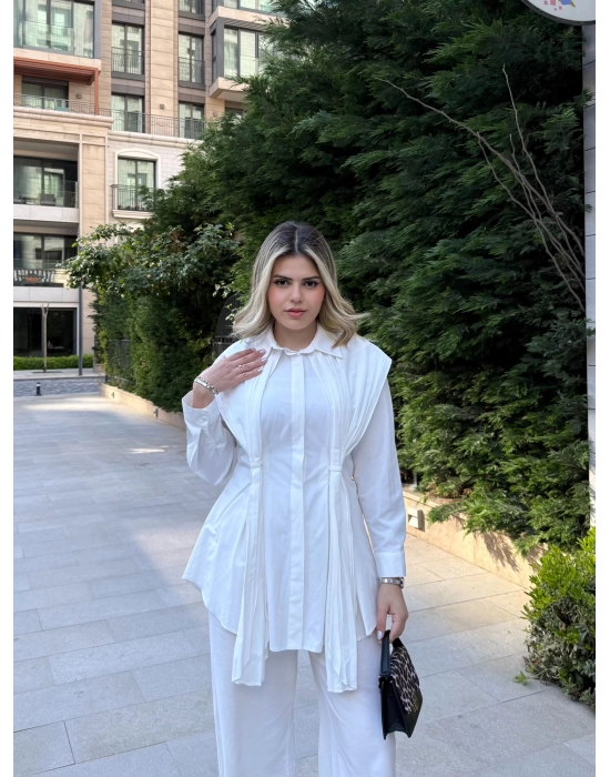 Piliseli Tasarım Gömlek-Beyaz