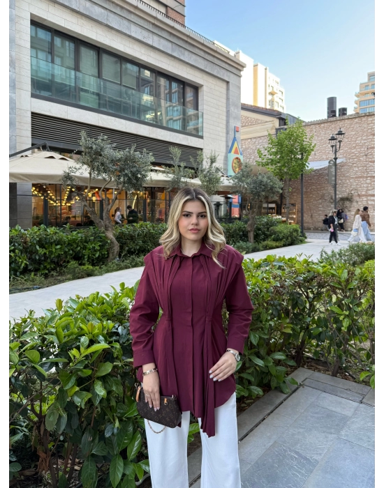 Piliseli Tasarım Gömlek-Bordo