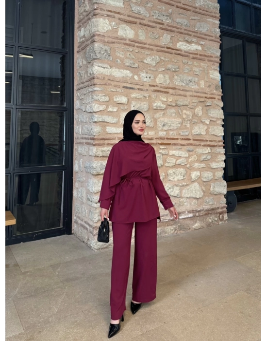 Şal Detaylı Takım-Bordo