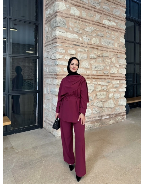 Şal Detaylı Takım-Bordo