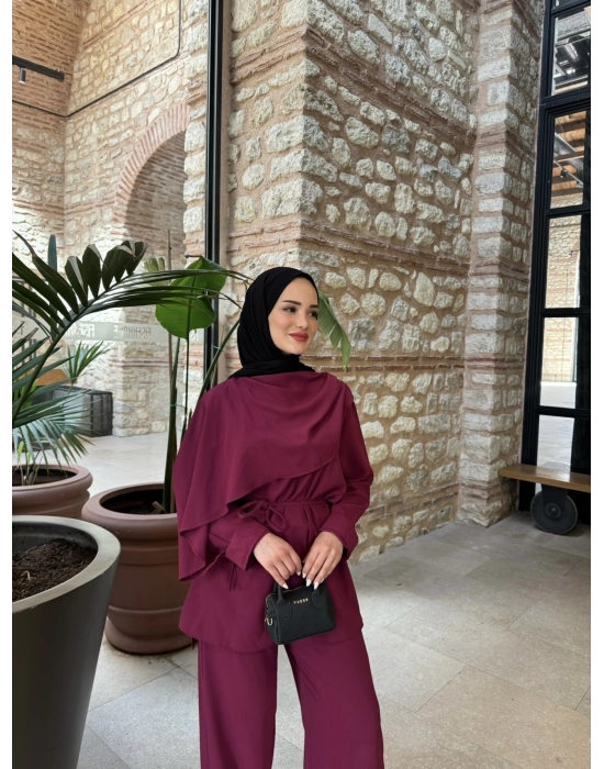 Şal Detaylı Takım-Bordo