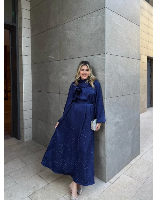 Taşlı Saten Elbise-Saks