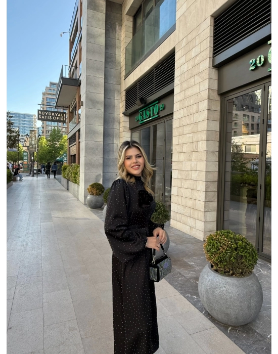 Taşlı Saten Elbise-Siyah