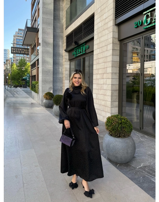 Taşlı Saten Elbise-Siyah
