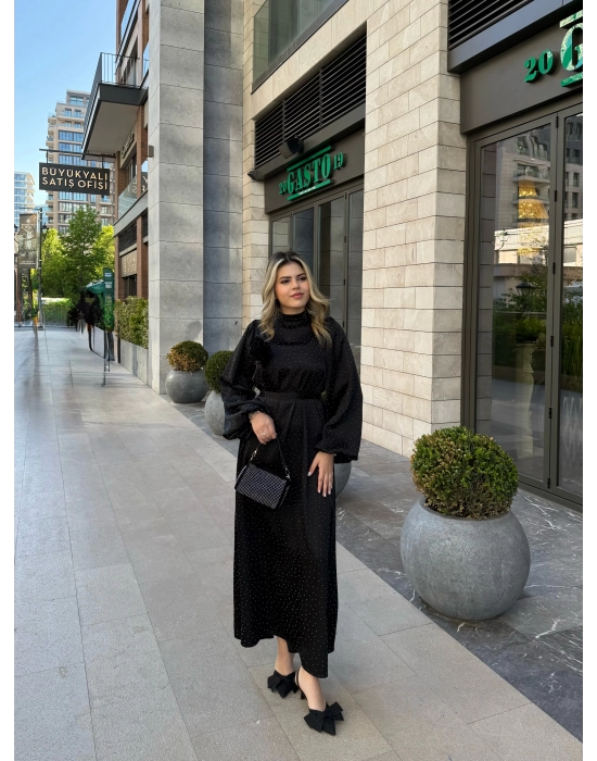 Taşlı Saten Elbise-Siyah