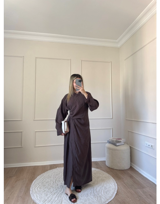 Tokalı Tensel Elbise-Kahve