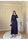 Bel Büzgülü Sandy Elbise-Lacivert