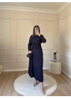 Bel Büzgülü Sandy Elbise-Lacivert