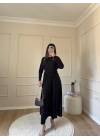 Bel Büzgülü Sandy Elbise-Siyah