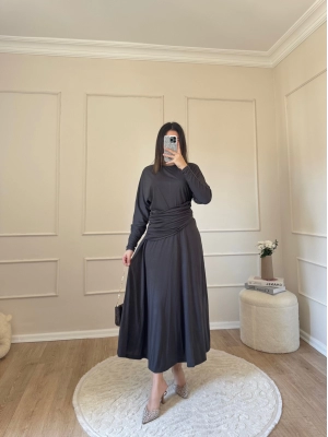 Bel Büzgülü Sandy Elbise-Gri