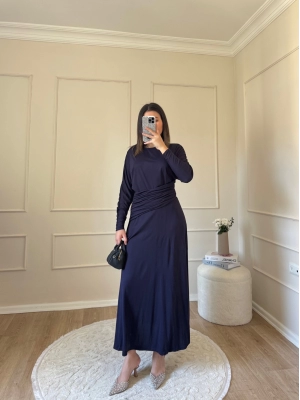 Bel Büzgülü Sandy Elbise-Lacivert