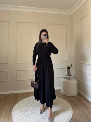 Bel Büzgülü Sandy Elbise-Siyah