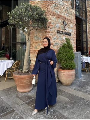 Eva Yan Bağlamalı Krep Elbise-Lacivert