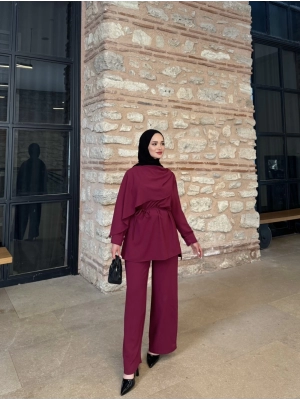 Şal Detaylı Takım-Bordo
