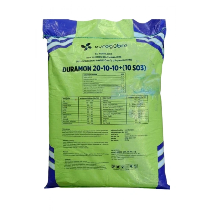 Duramon 20-10-10 + (10 SO3) NPK 25 Kg İnhibitörlü Akıllı, Yeşil Gübre