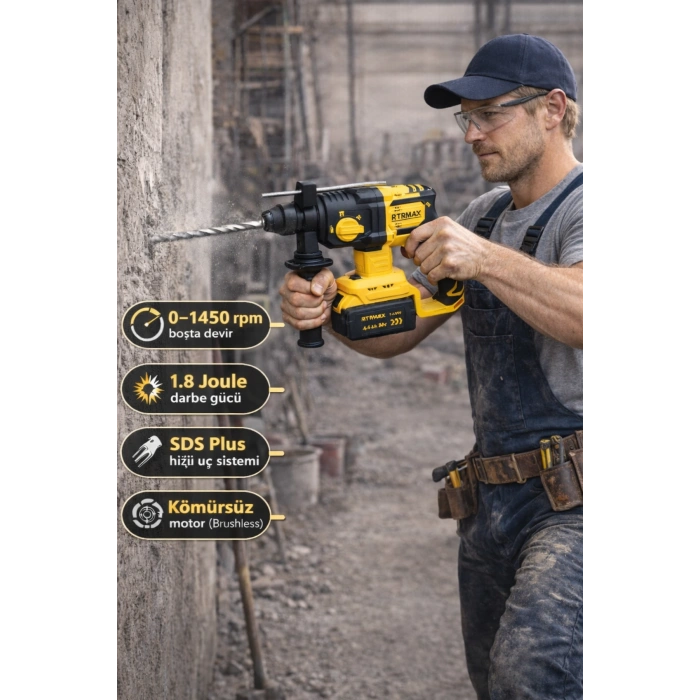 Rtrmax Rts5040b Şarjlı ElektroPnömatik Kırıcı Delici (SDS Plus)Kömürsüz