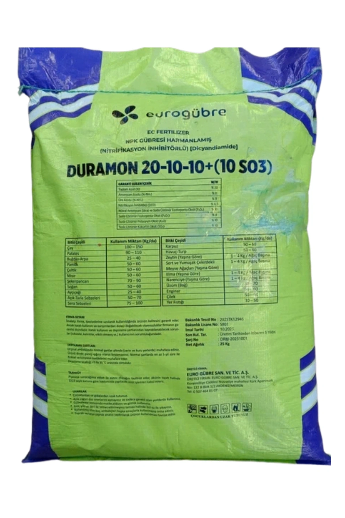 Duramon 20-10-10 +10 SO3 NPK İnhibitörlü Yeşil - Akıllı Gübre 25 Kg
