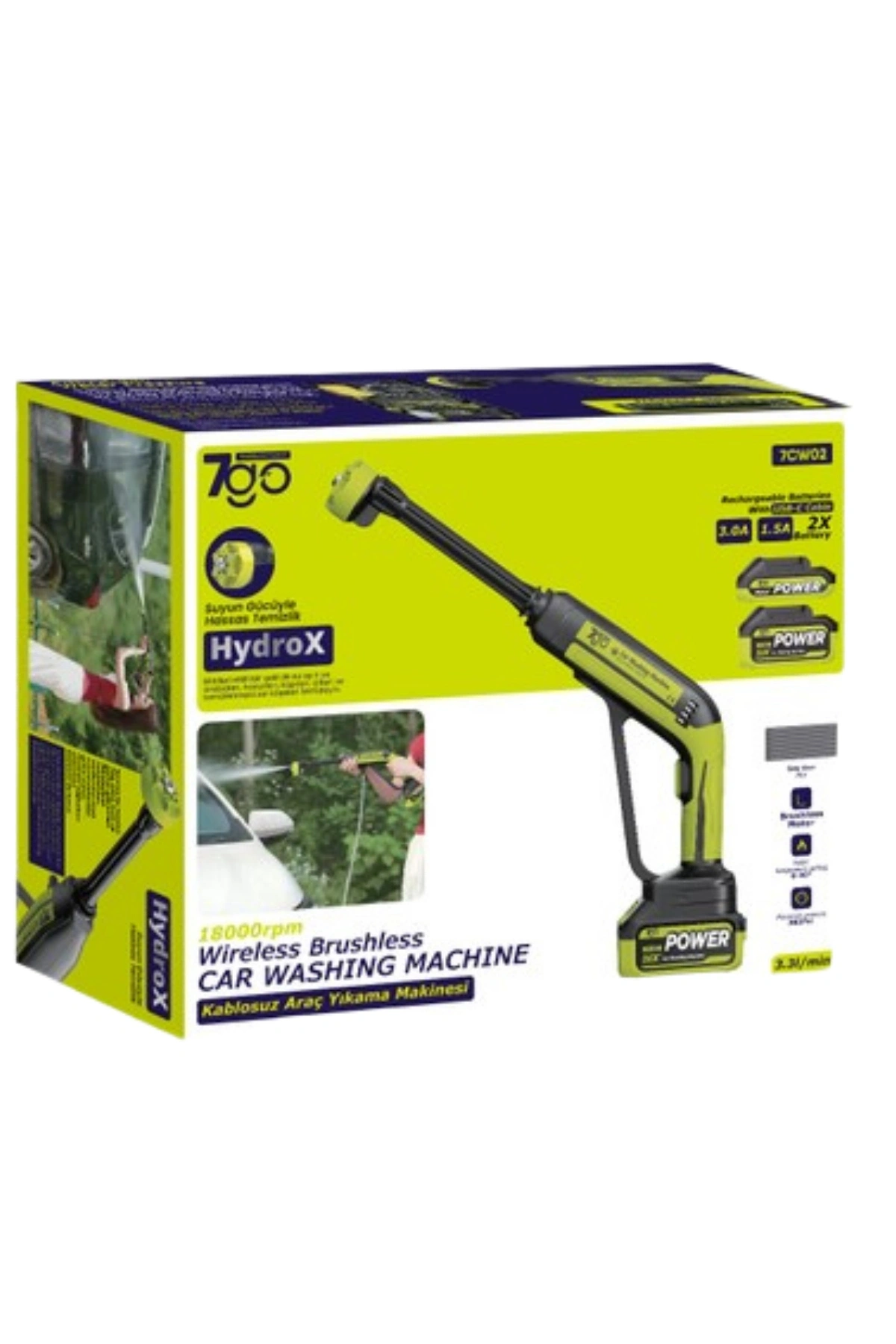 7GO 7CW02 Akülü Şarjlı Yüksek Basınçlı Araç ve Bahçe Yıkama Temizleme Tabancası