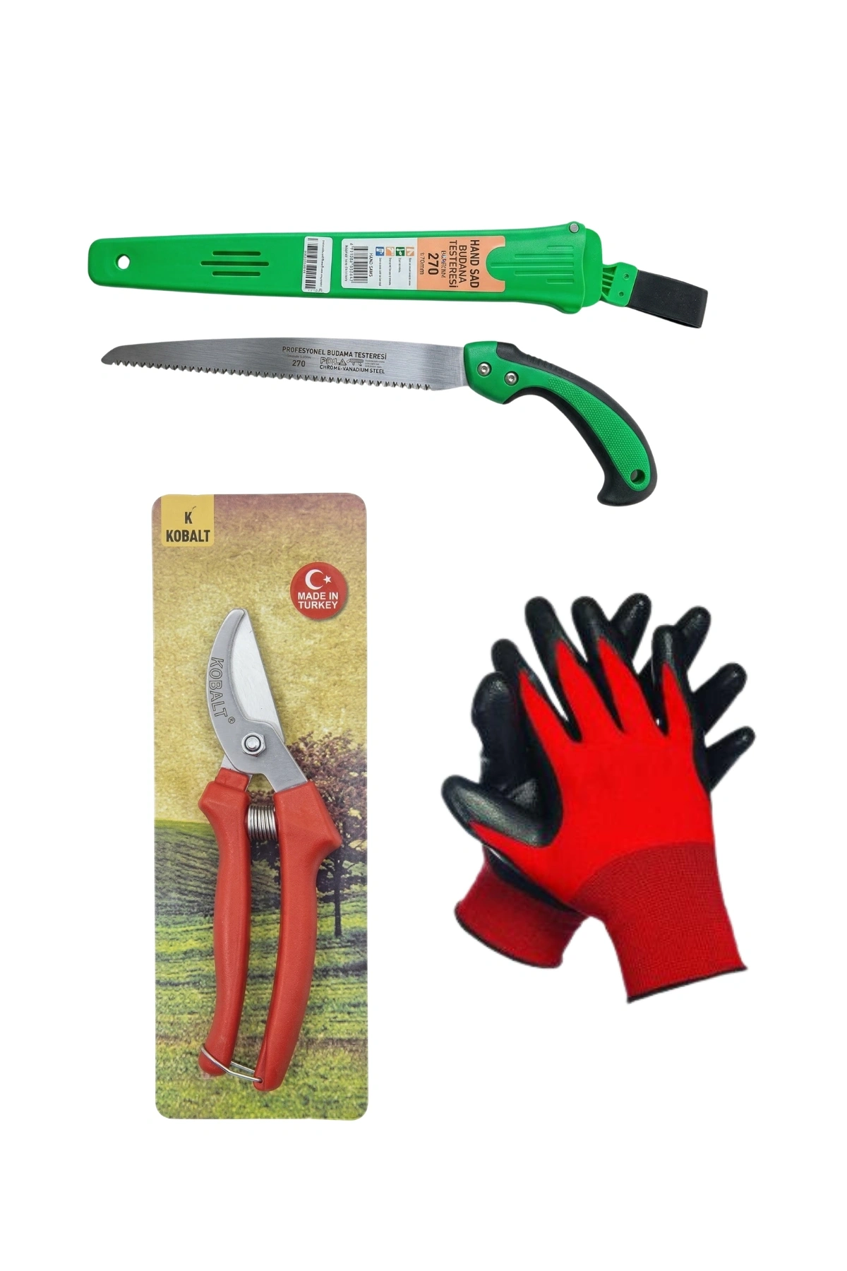 3lü Bahçe Bakım Seti (Kobalt Budama Makası, Hand SFD Budama Testeresi ve Eldiven)