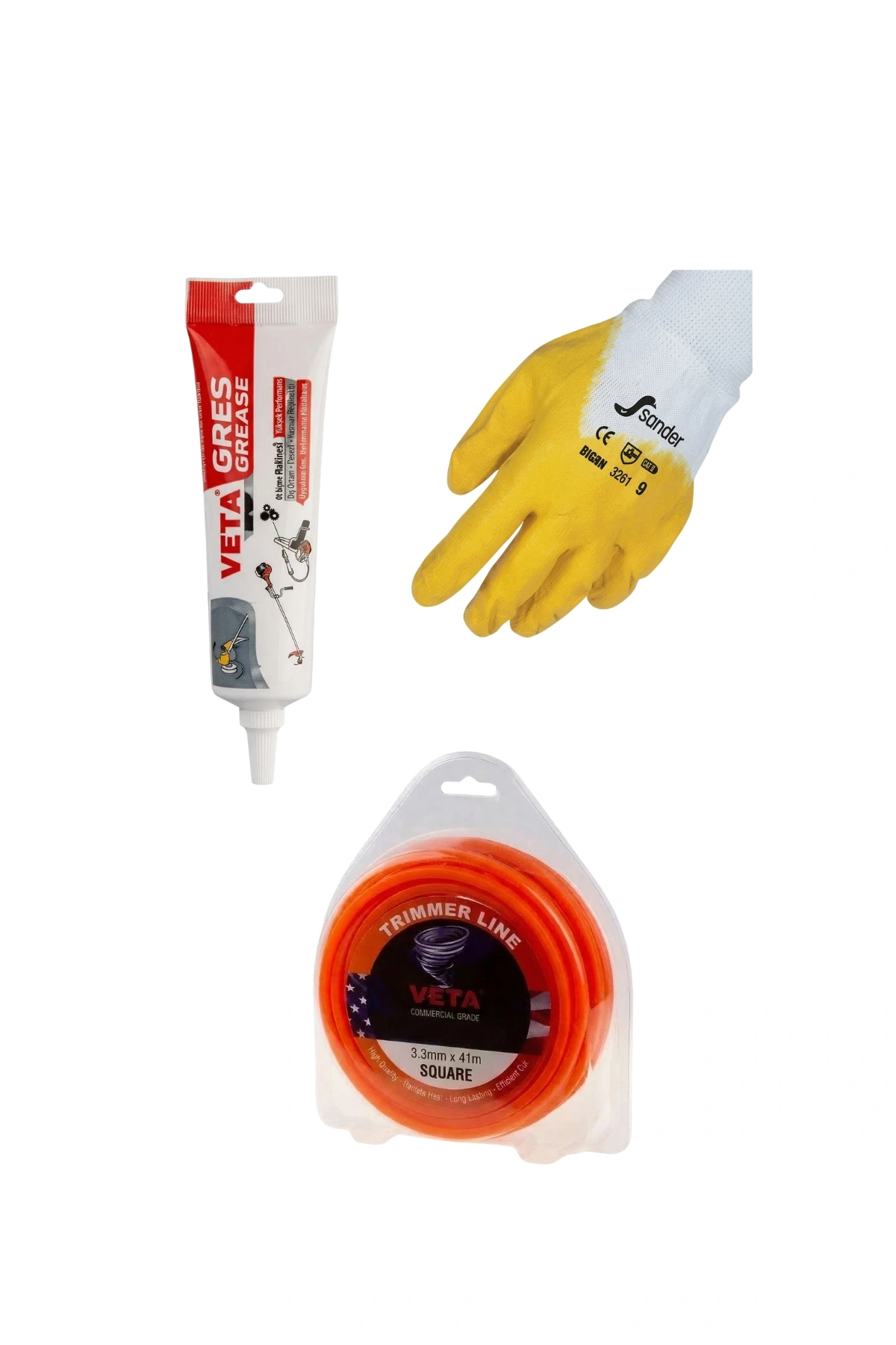 3lü Profesyonel Tırpan Bakım ve Kullanım Seti (Veta Tüp Gress, Veta 3.3 41 m misina, Sarı Sander Eldiven Seti)