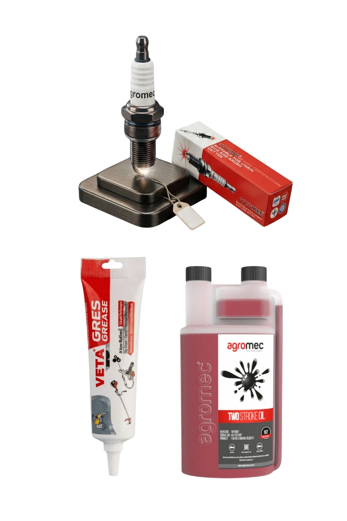 Agromec ve Veta Profesyonel Motor Bakım ve Koruma Seti( Agromec Buji, Veta Tüp Gress, Agromec 2T Yağ)