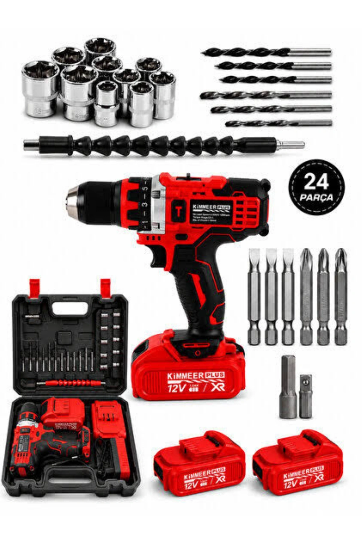 Kimmer Plus 12v 1.5 Ah Çift Akülü Şarjlı 24 Parça Kırmızı Vidalama Matkap