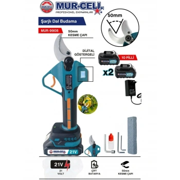 Mur-Cell 9908 Dal Budama Makası 21v 2ah 50mm Kesme Çaplı Çelik Bıçak 5 pilli
