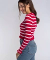 Fırfır Detaylı Çizgili Triko Bluz-KIRMIZI