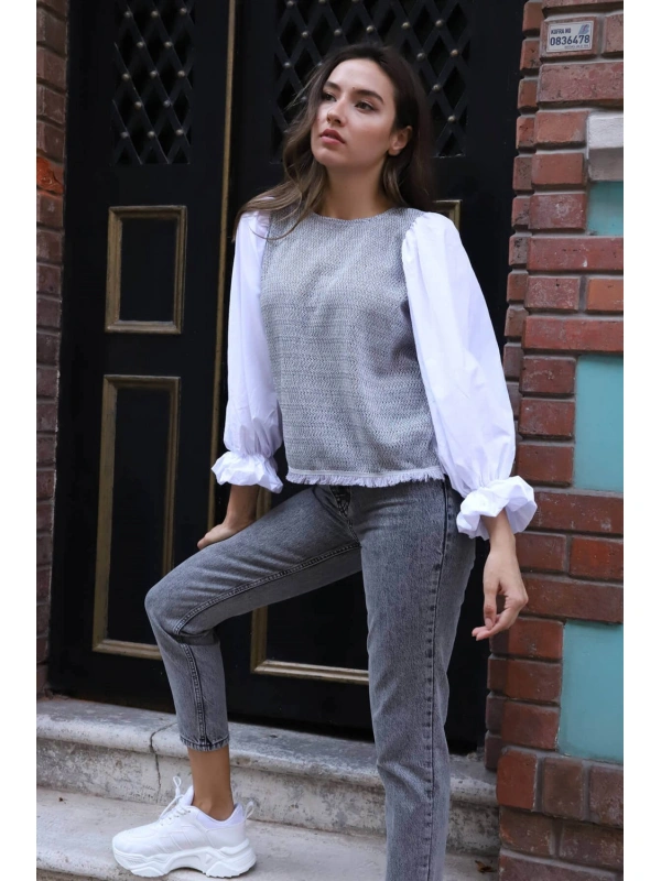 Balon Kol Bluz - BEYAZ