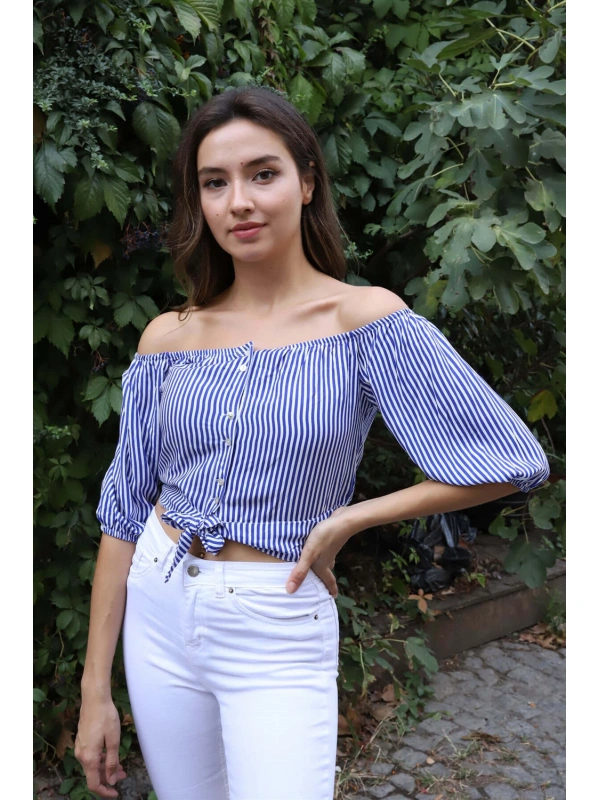 Belden Bağlamalı Bluz - MAVİ